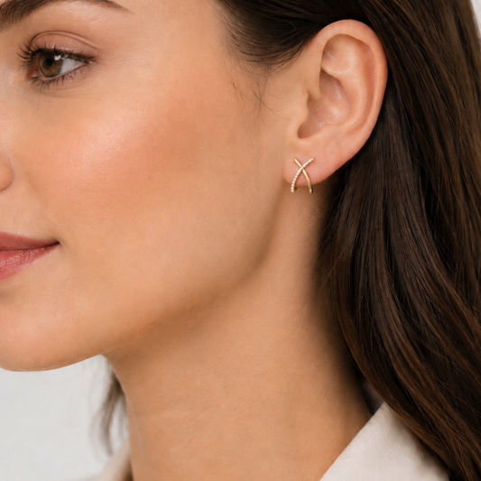 Criss Cross Natural Diamond Stud Earrings | 14k Yellow Gold